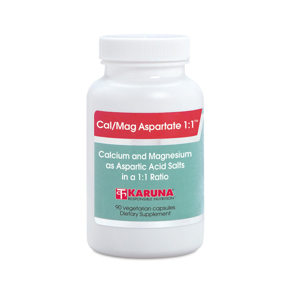 Karuna Cal/Mag Aspartate 1:1 bottle with capsules for daily mineral balance.
