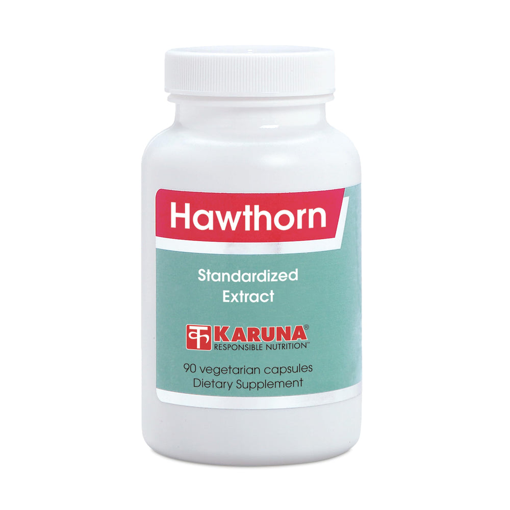 Karuna Hawthorn 300mg bottle with capsules for heart support