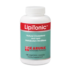 Karuna Lipitonic bottle view highlighting 180 vegetarian capsules for heart health support.