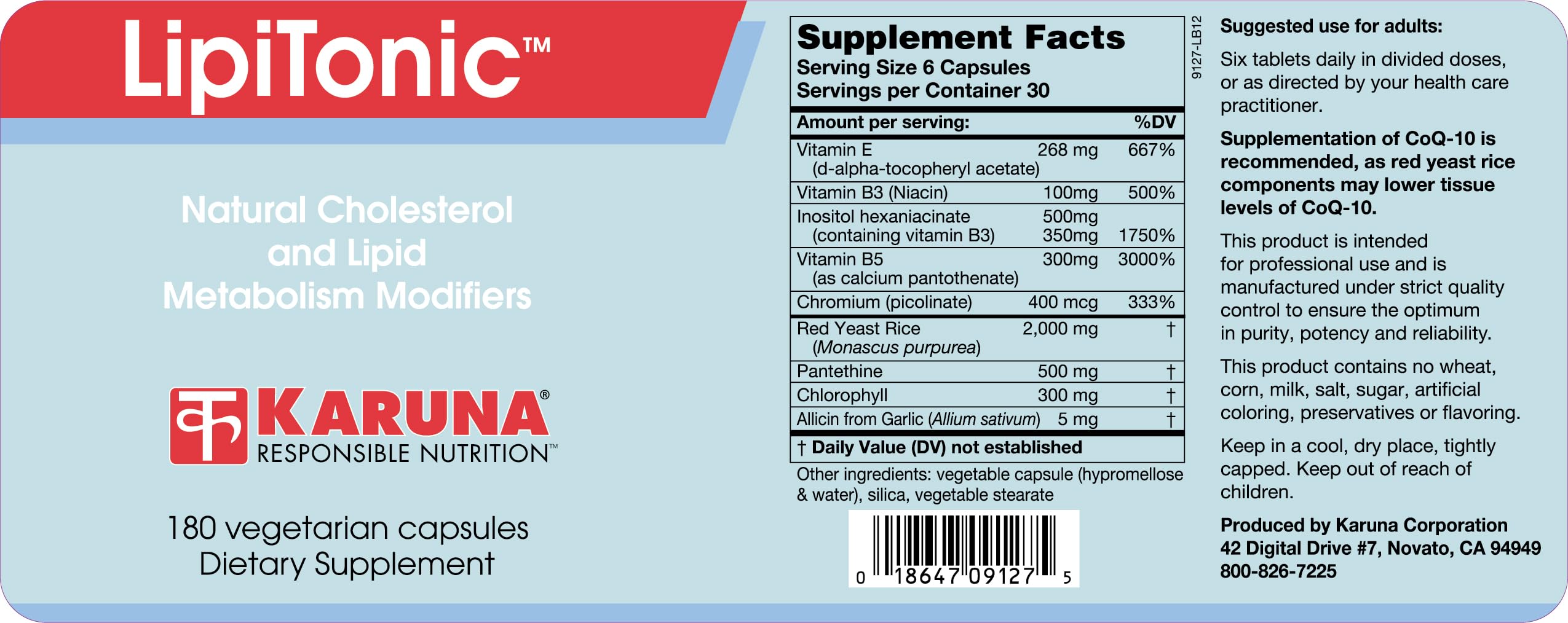 Karuna Lipitonic capsule close-up emphasizing vegetarian formula and lipid metabolism support.
