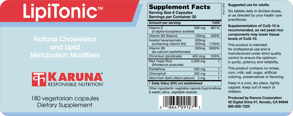 Karuna Lipitonic capsule close-up emphasizing vegetarian formula and lipid metabolism support.