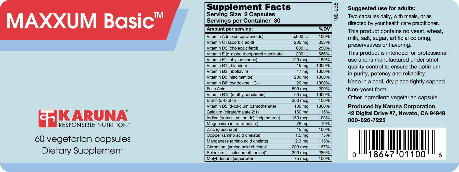 Karuna Maxxum Basic 60 vcaps on display suggesting an easy two-a-day habit.