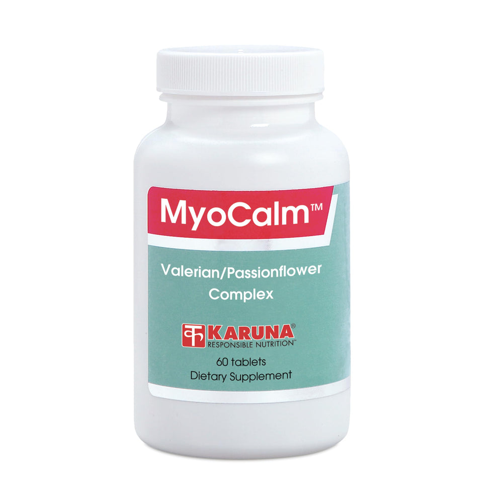 Karuna MyoCalm bottle label showing 60 vegetarian capsules for relaxation support