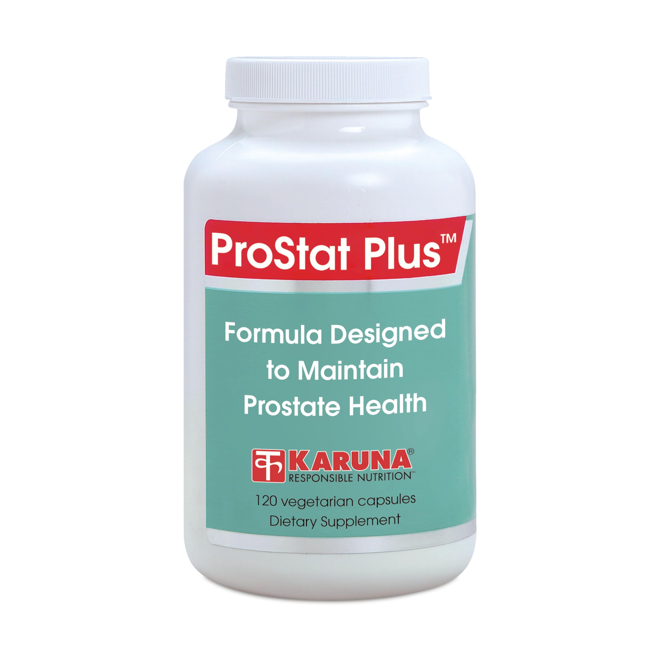 Karuna Prostate Plus bottle label featuring herbal blend for daily male wellness