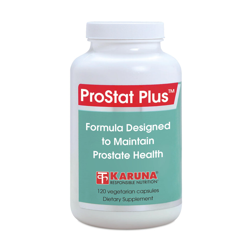 Karuna Prostate Plus bottle label featuring herbal blend for daily male wellness