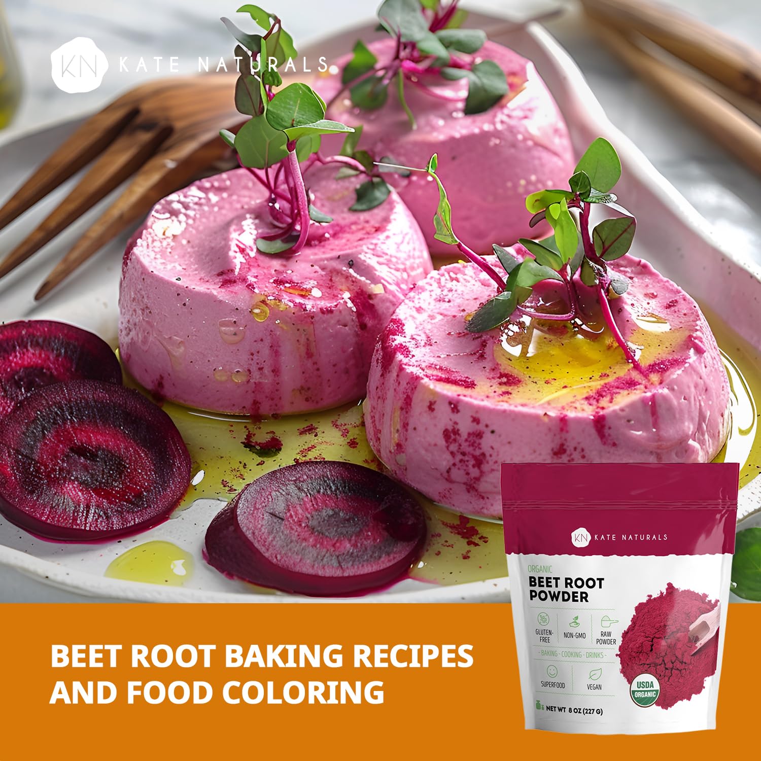 Kate Naturals beet root powder baking-dish showing vibrant red color