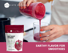 Kate Naturals beet root powder smoothie boost—easily added to shakes for natural nutrition