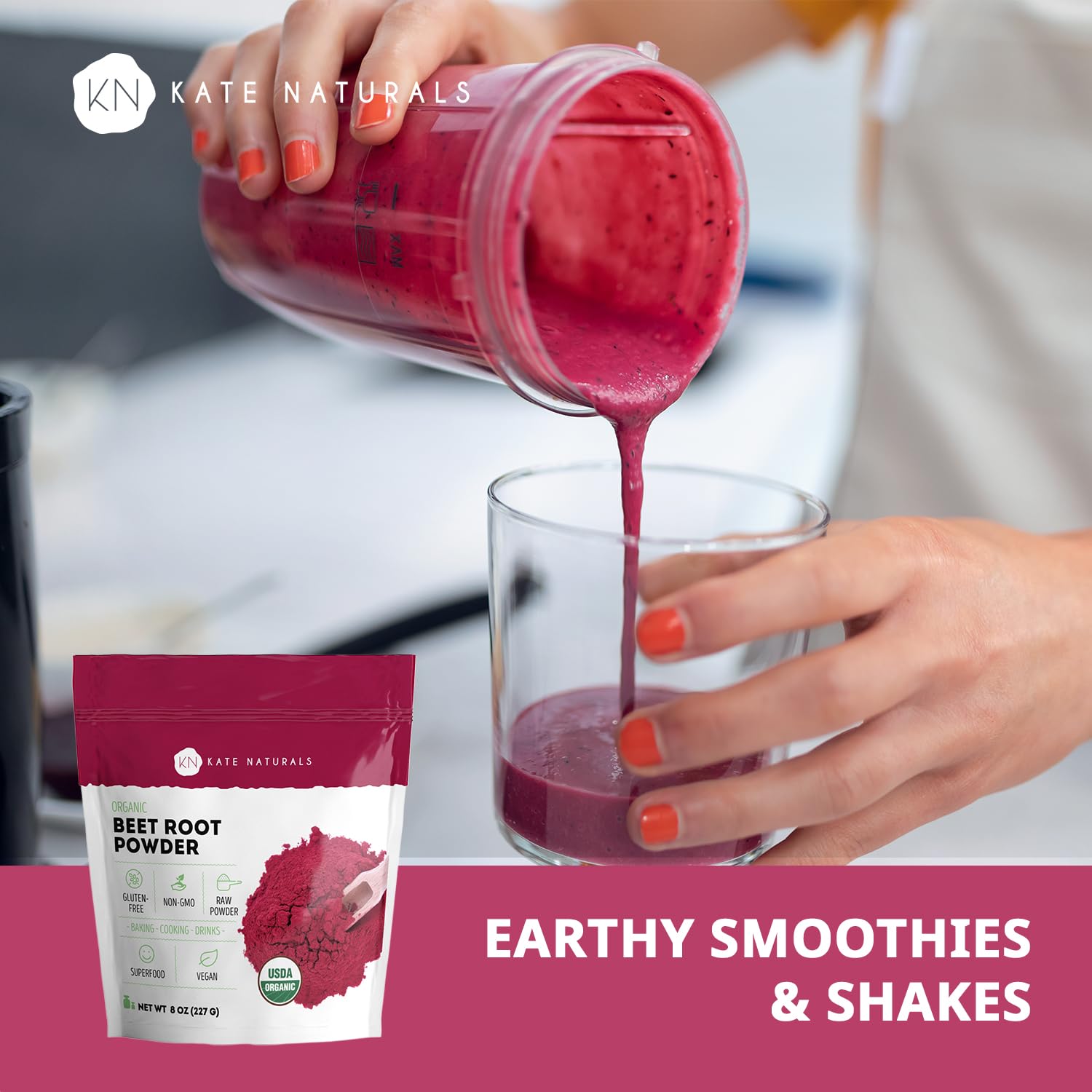 Kate Naturals beet root powder spoon-dispense for quick smoothies