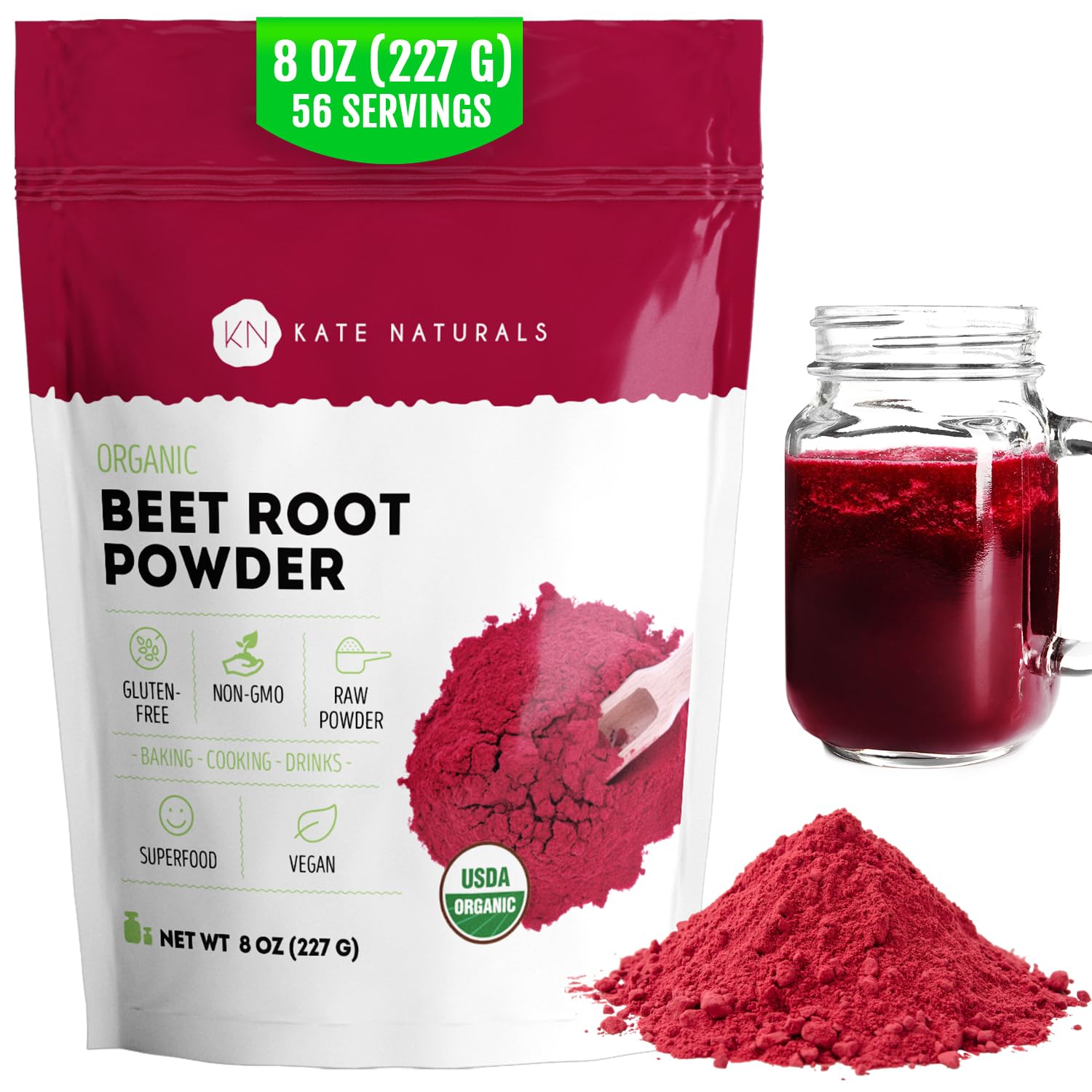 Kate Naturals beet root powder tub front view for smoothies
