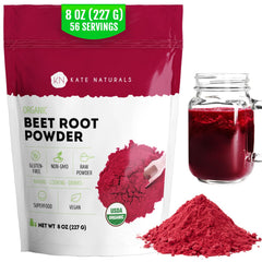 Kate Naturals beet root powder tub front view for smoothies