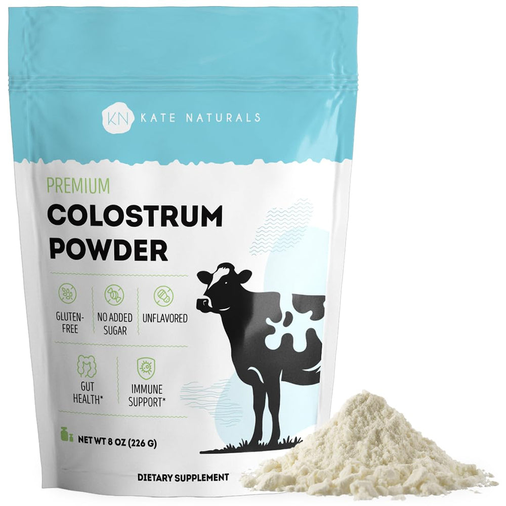 Kate Naturals Colostrum Powder canister on kitchen counter for daily gut health support