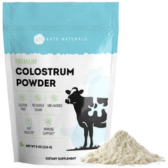 Kate Naturals Colostrum Powder canister on kitchen counter for daily gut health support