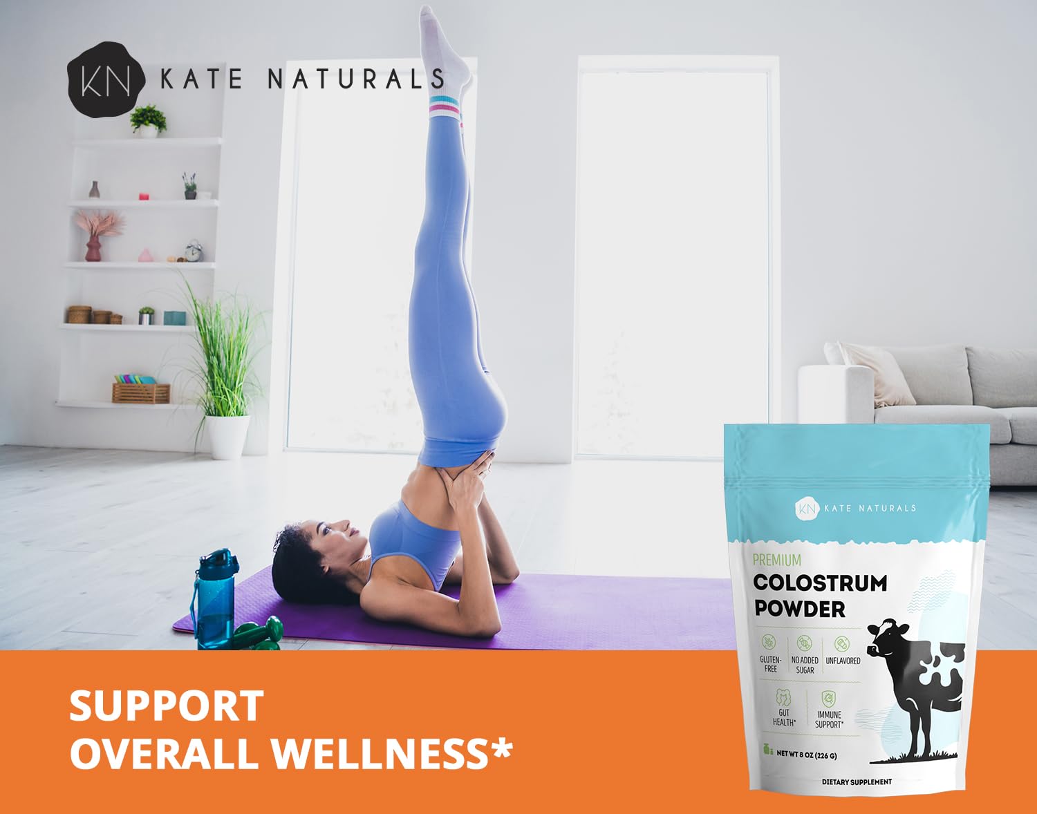 Ingredient panel on Kate Naturals Colostrum Powder highlighting gluten-free and sugar-free