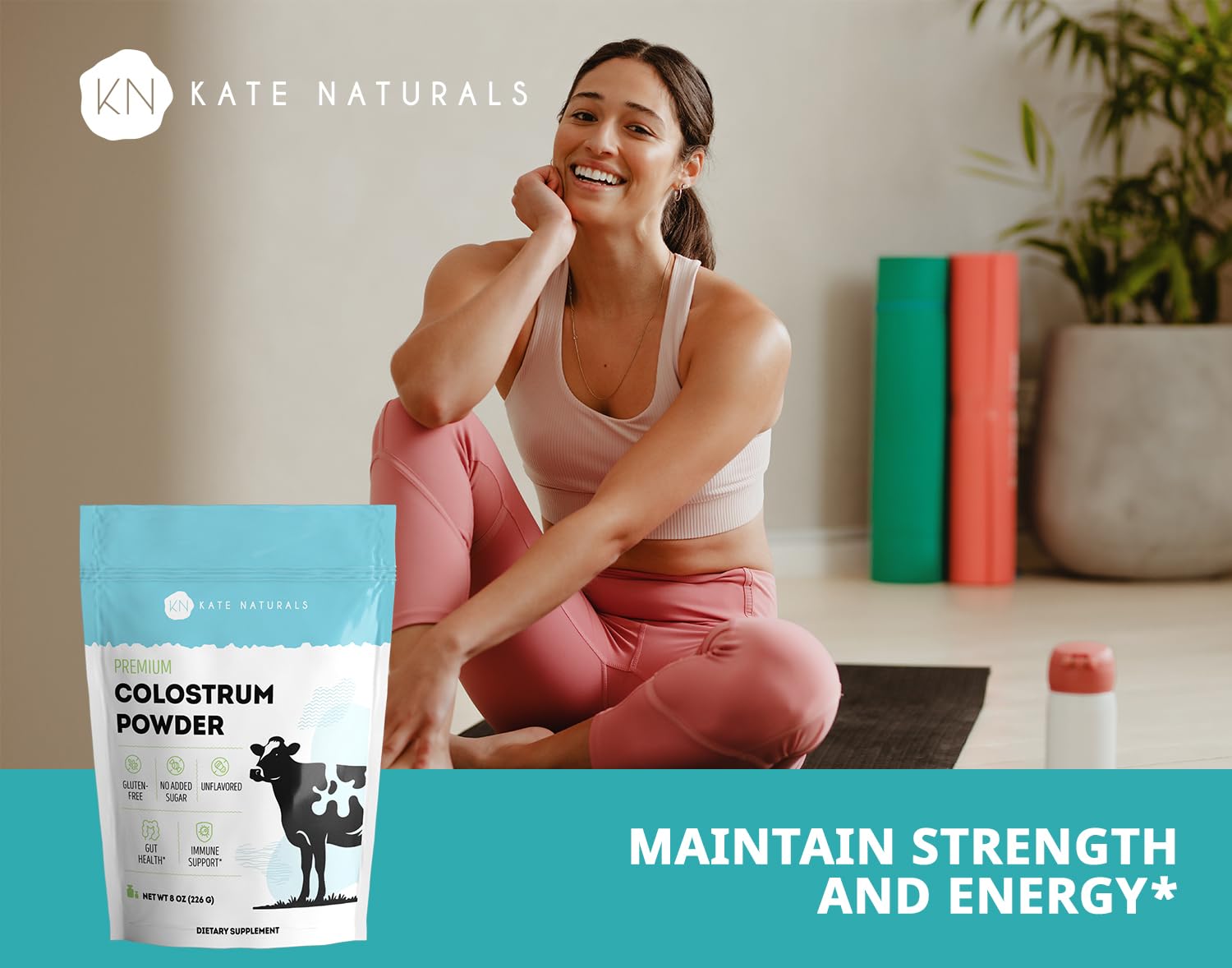 Kate Naturals Colostrum Powder on a clean kitchen counter for daily use