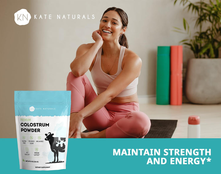 Kate Naturals Colostrum Powder on a clean kitchen counter for daily use