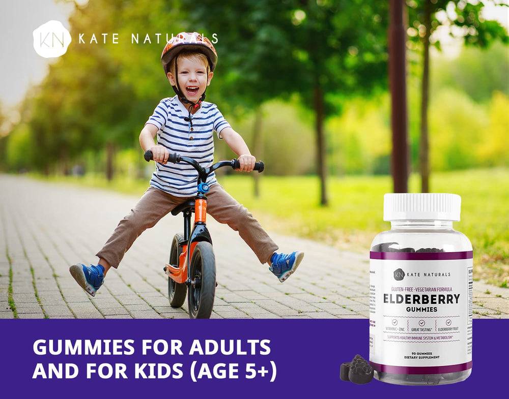 Kate Naturals Elderberry Gummies bottle highlights vitamin C and zinc ingredients.