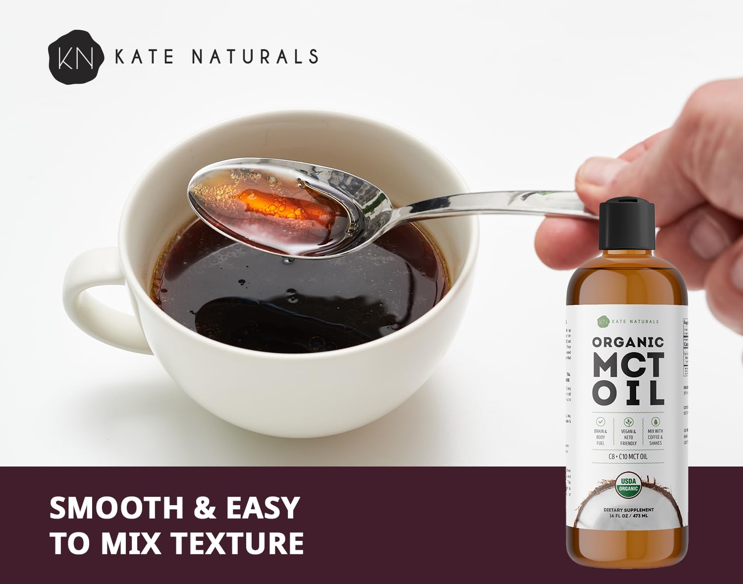Kate Naturals MCT Oil glass bottle close-up — premium oil.
