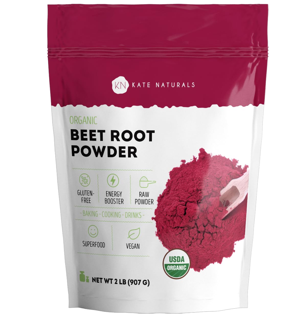 Kate Naturals Organic Beet Root Powder bottle showing vibrant color and natural nutrients.