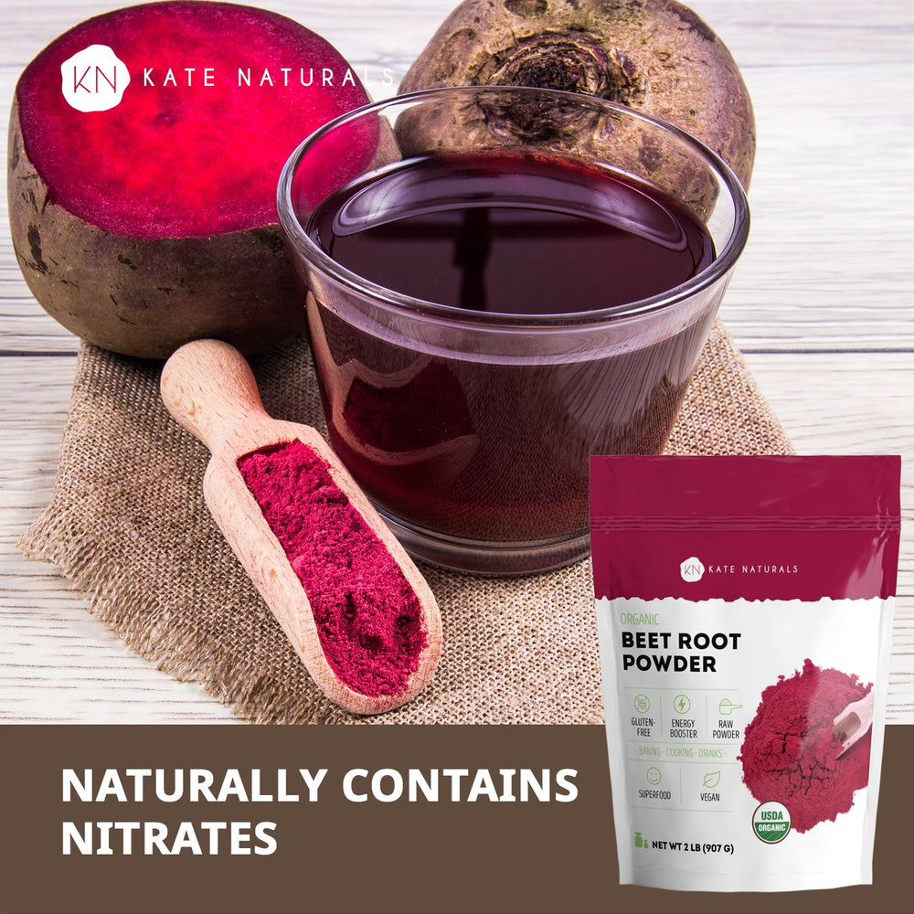 Kate Naturals beet root powder jar beside smoothie glass for color boost.