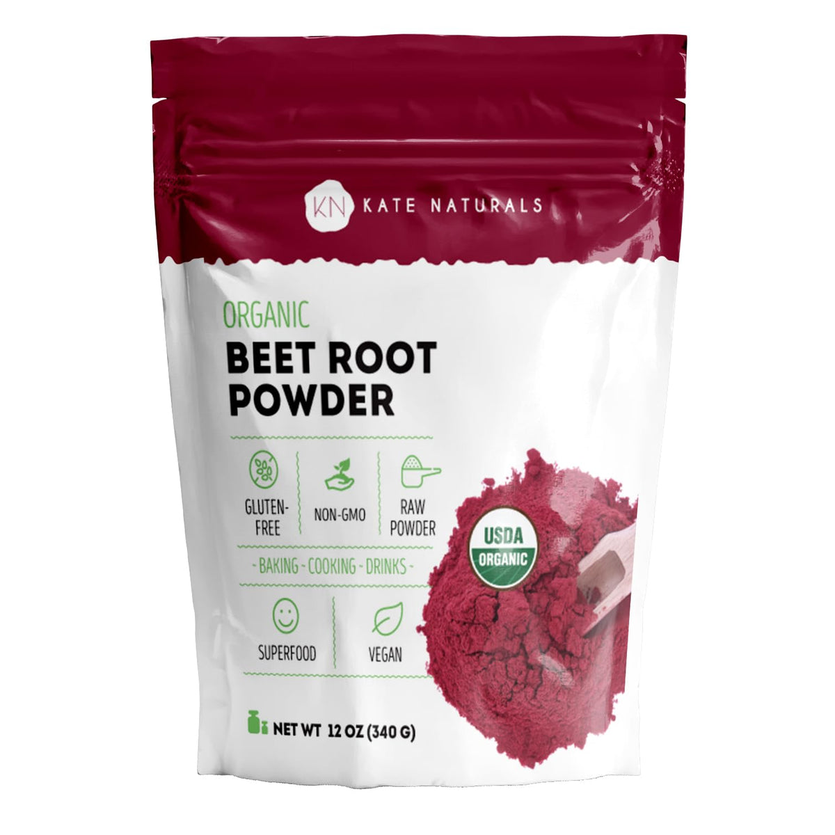 Kate Naturals beet root powder jar showing vibrant red color for smoothies and baking