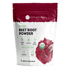 Kate Naturals beet root powder jar showing vibrant red color for smoothies and baking