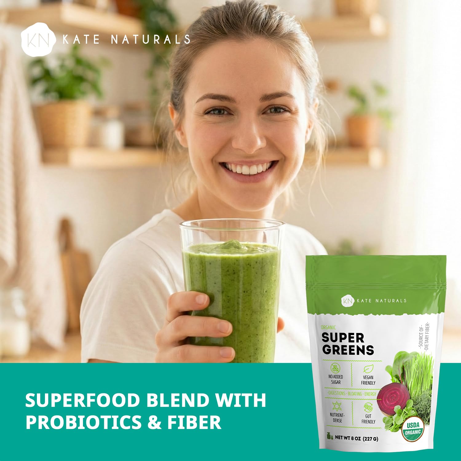 Prepared green smoothie with Kate Naturals Super Greens powder, showing convenient mix into water.