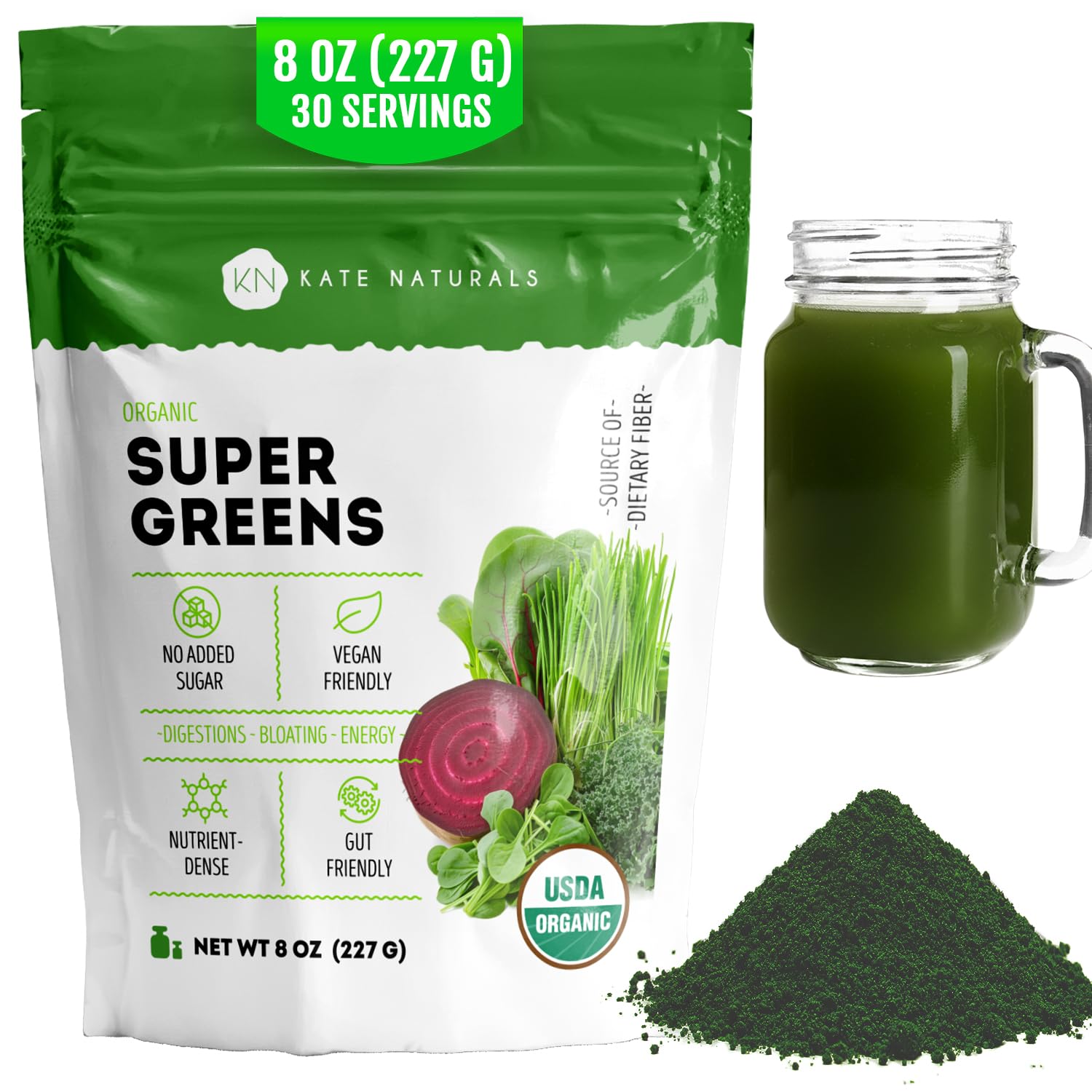 Kate Naturals Organic Super Greens Powder tub front, ideal daily greens for smoothies.