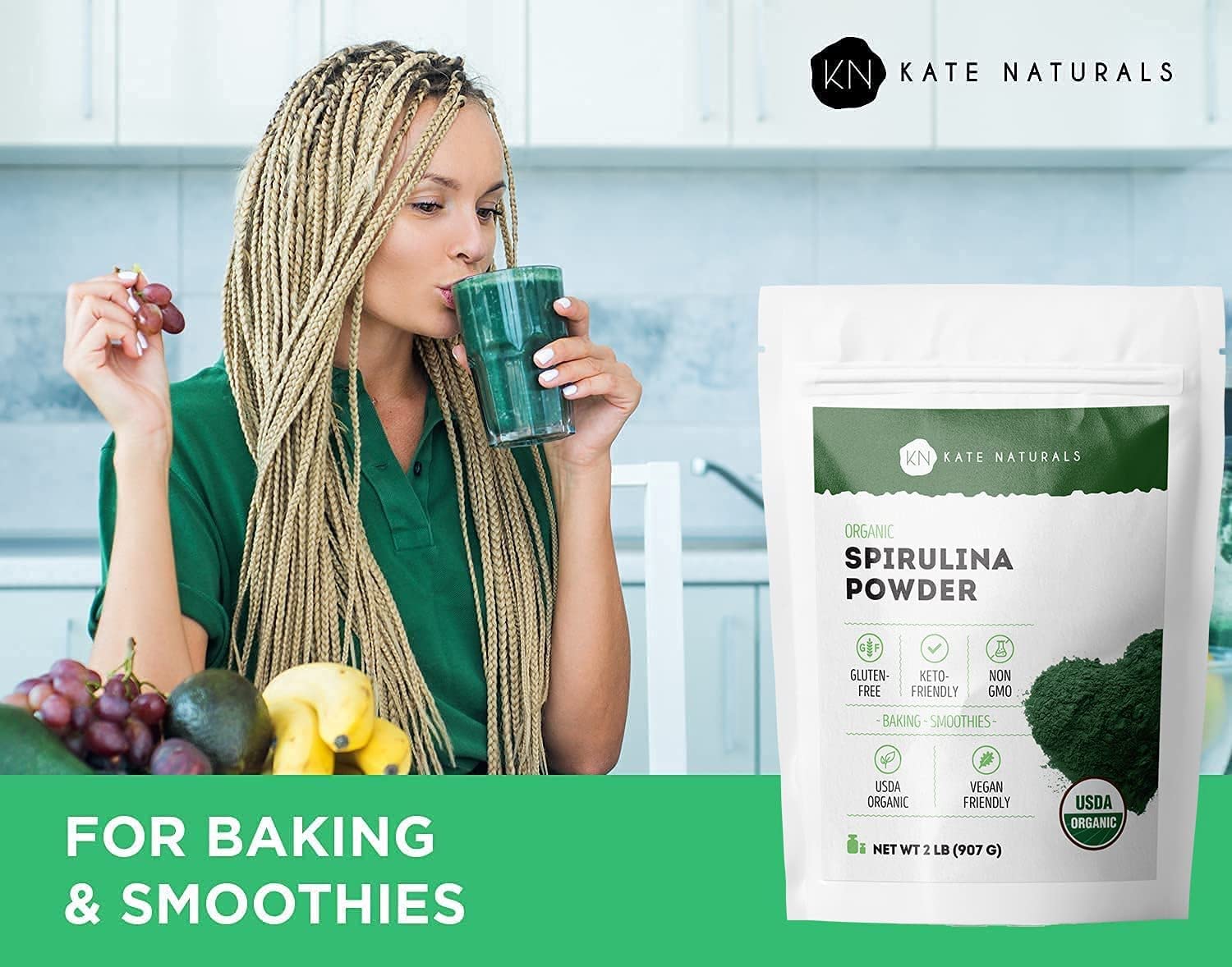 Kate Naturals Spirulina Powder mixed into dough or dressing for nutrient-rich recipes.