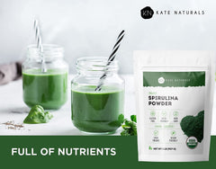 Kate Naturals Spirulina Powder smoothie glass showcases vibrant greens for a nutrition boost.
