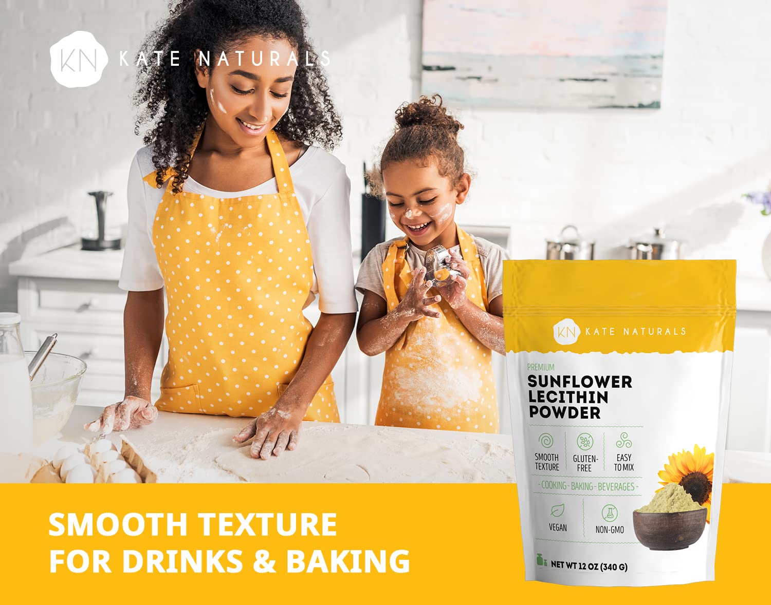 Kate Naturals sunflower lecithin powder on kitchen counter ready for experiments