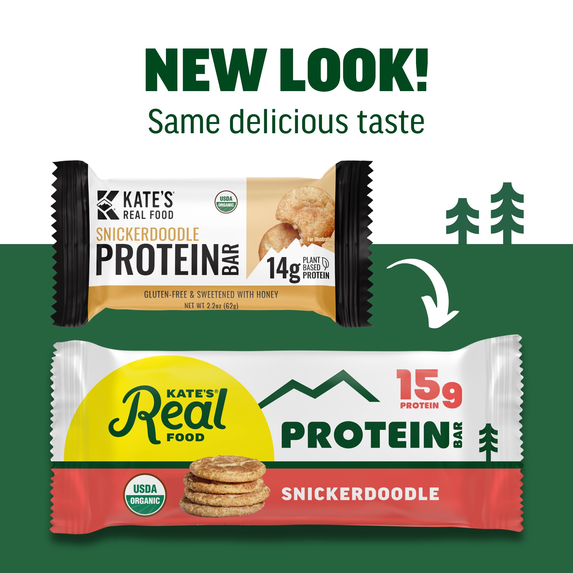 Kate's Snickerdoodle bar certifications icon card communicates gluten-free and organic credentials.