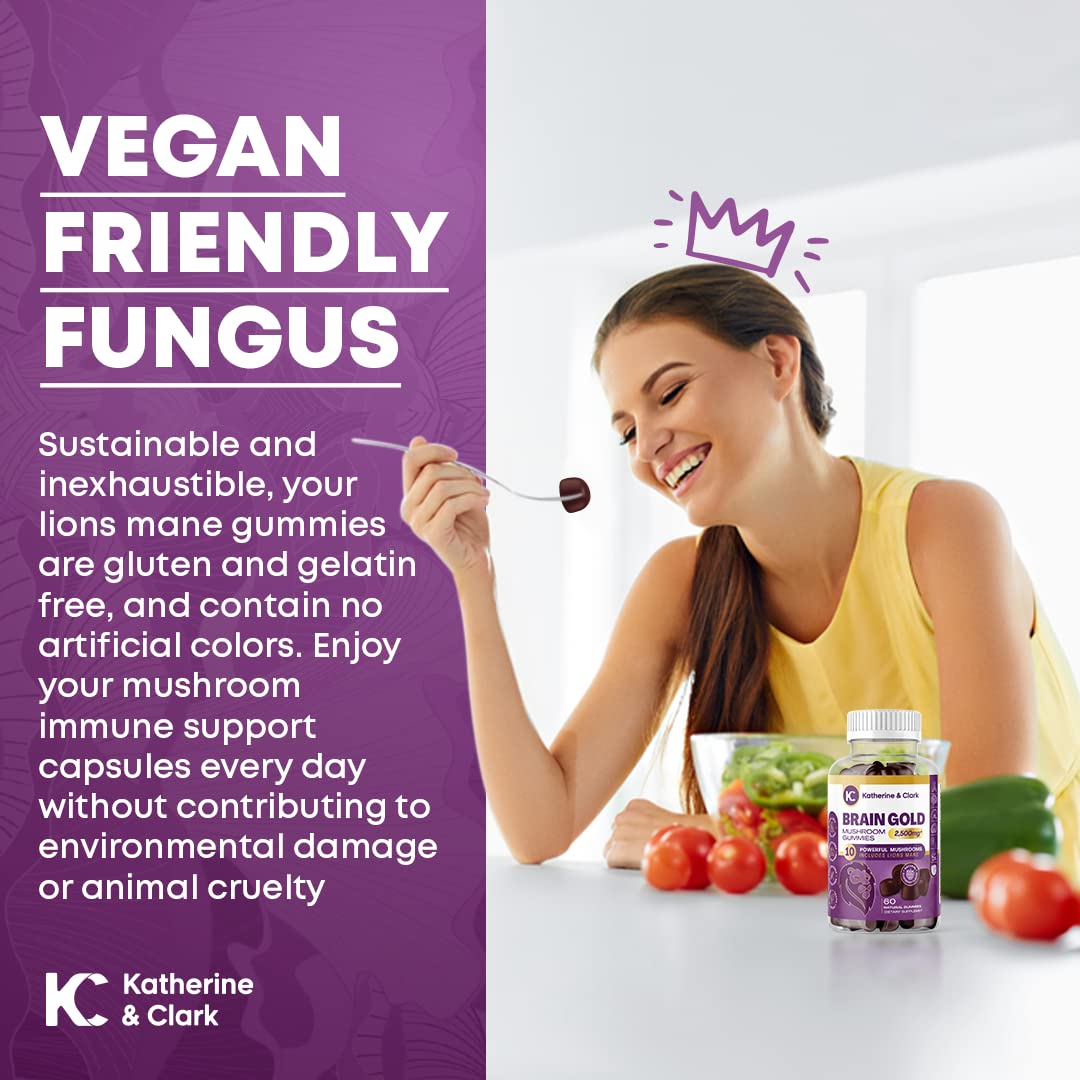 Katherine and Clark Brain Gold reishi capsules alongside gummies for mushroom complex benefits.