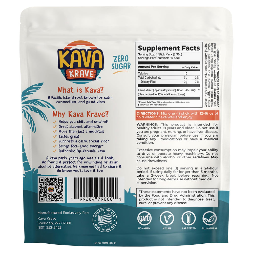 Glass with Kava Krave citrus berry after mixing boosts mood and calm energy.