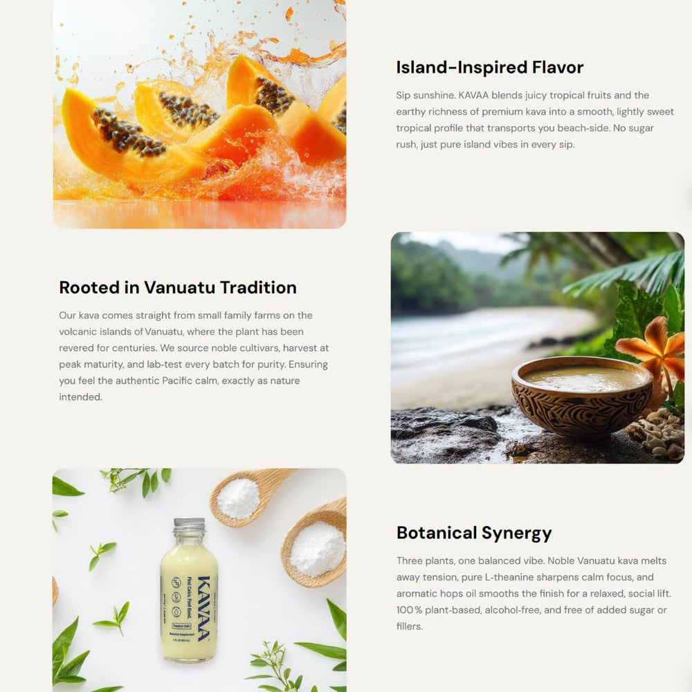 Kavaa Tropical Chill ingredients close-up featuring kava root and botanicals.