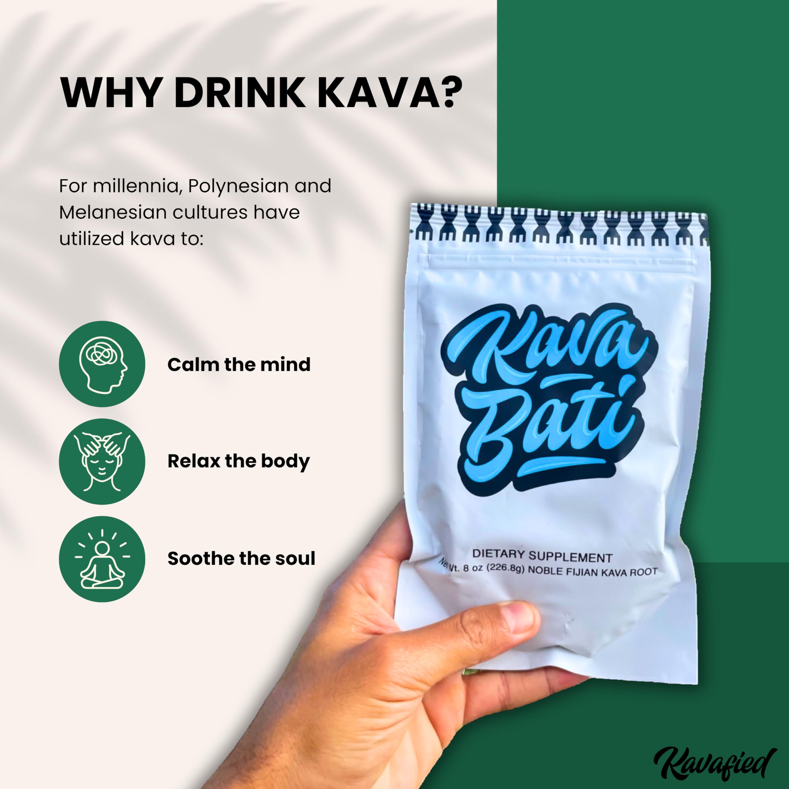 Kavafied KAVA BATI powder with traditional grind for authentic texture.