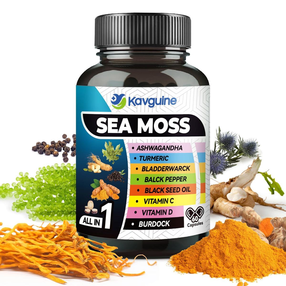 Kavguine 9-in-1 sea moss capsules bottle for daily balance.