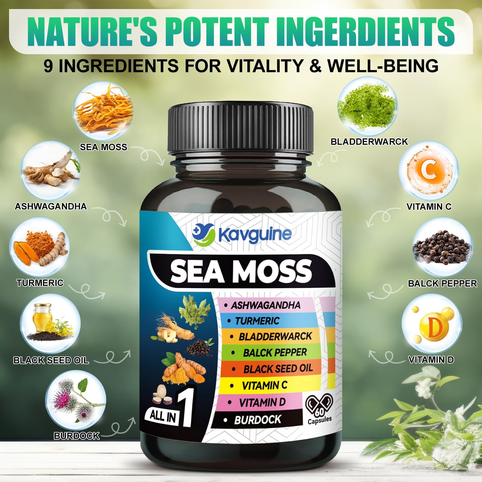 Kavguine capsule close-up showing ashwagandha, ginger and seaweed blend for vitality.