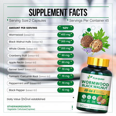 Kavguine ingredients with black walnut and clove highlighting gut support.