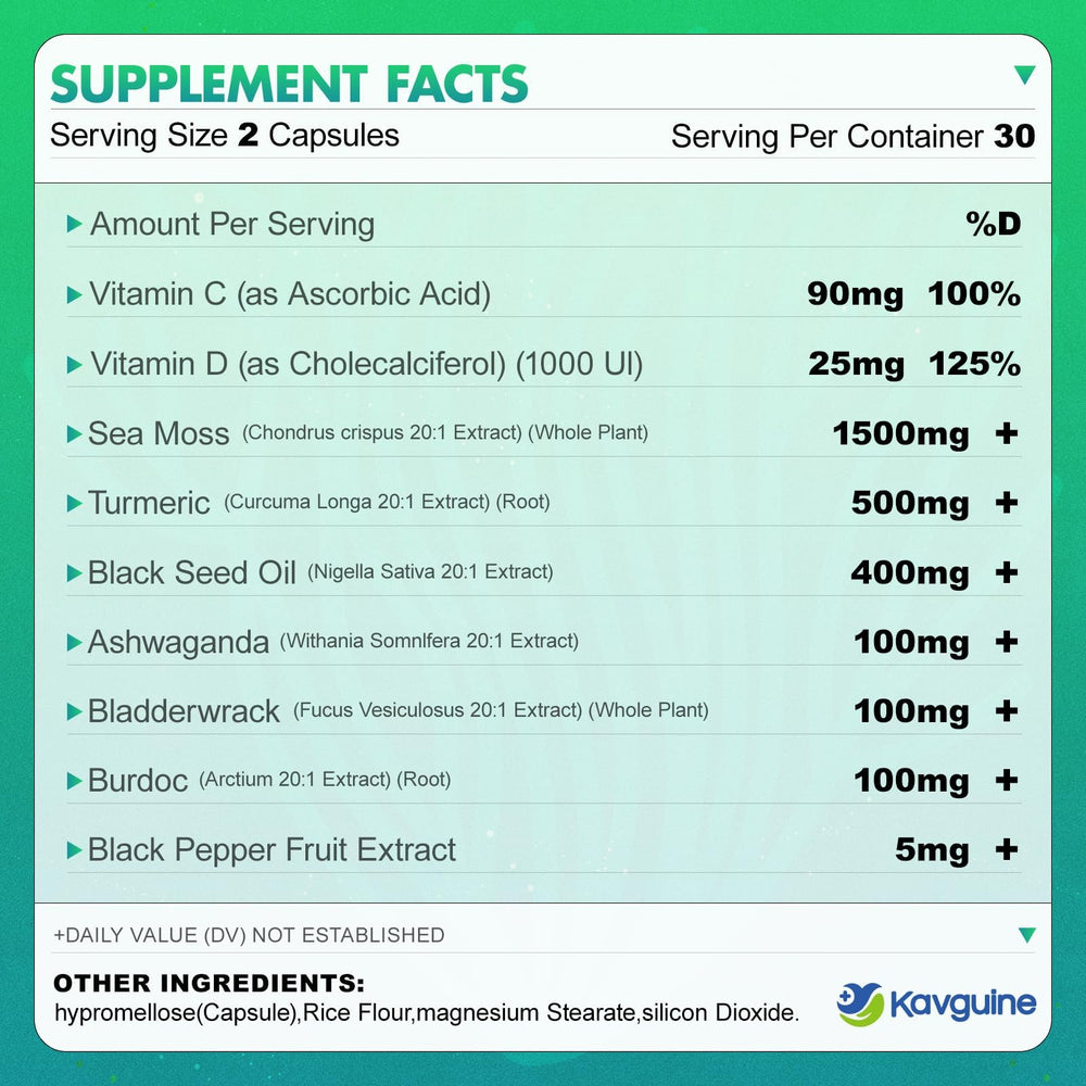 Kavguine capsule highlighting turmeric and black pepper oil for absorption.