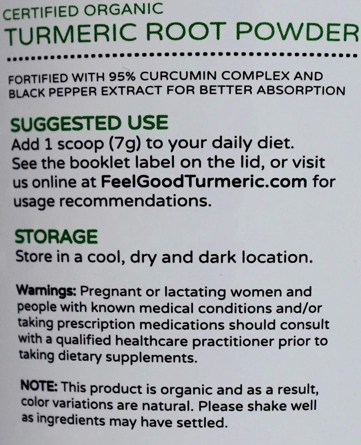 Kaxilu Feel Good Turmeric label with USDA Organic seal indicating certified quality.