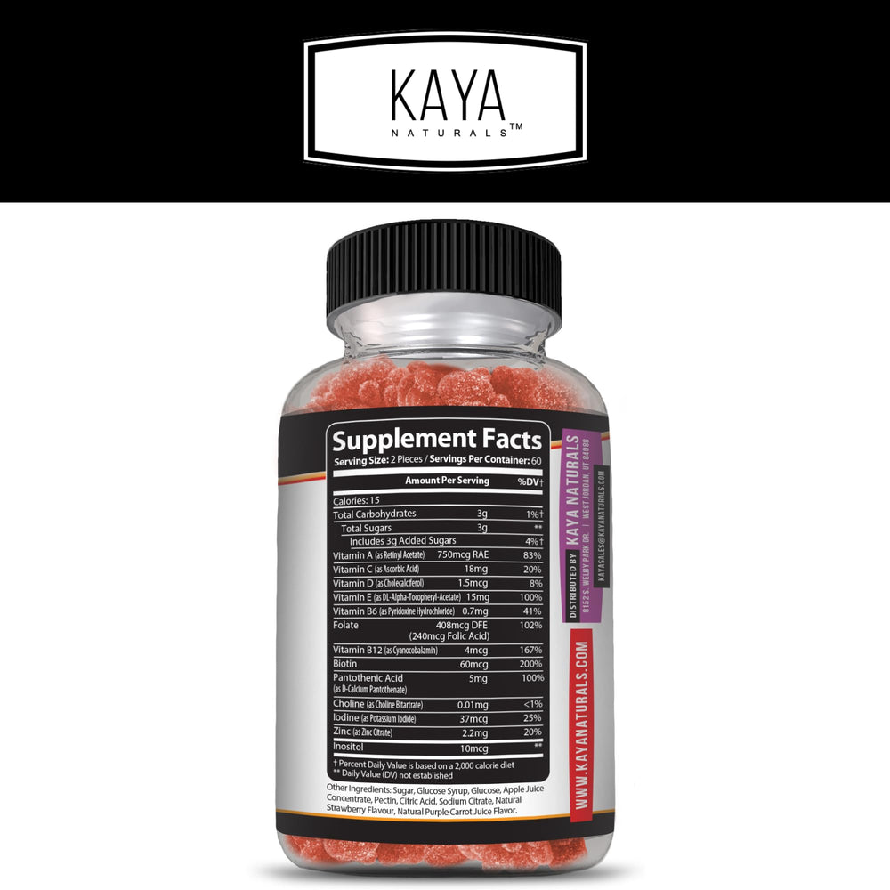 Kaya Naturals adult multivitamin gummies bottle emphasizes convenient twice-daily use.