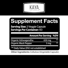 Kaya Naturals Ashwagandha bottle back label detailing ingredients