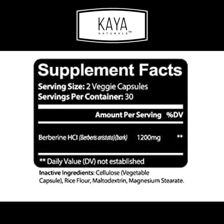 Close-up Kaya Naturals Berberine HCL capsules, a convenient vegetarian supplement