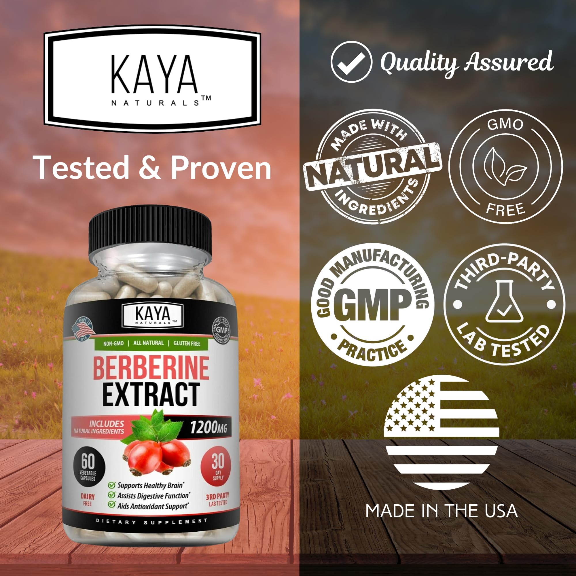 Pack of 2 Kaya Naturals Berberine HCL bottles on display
