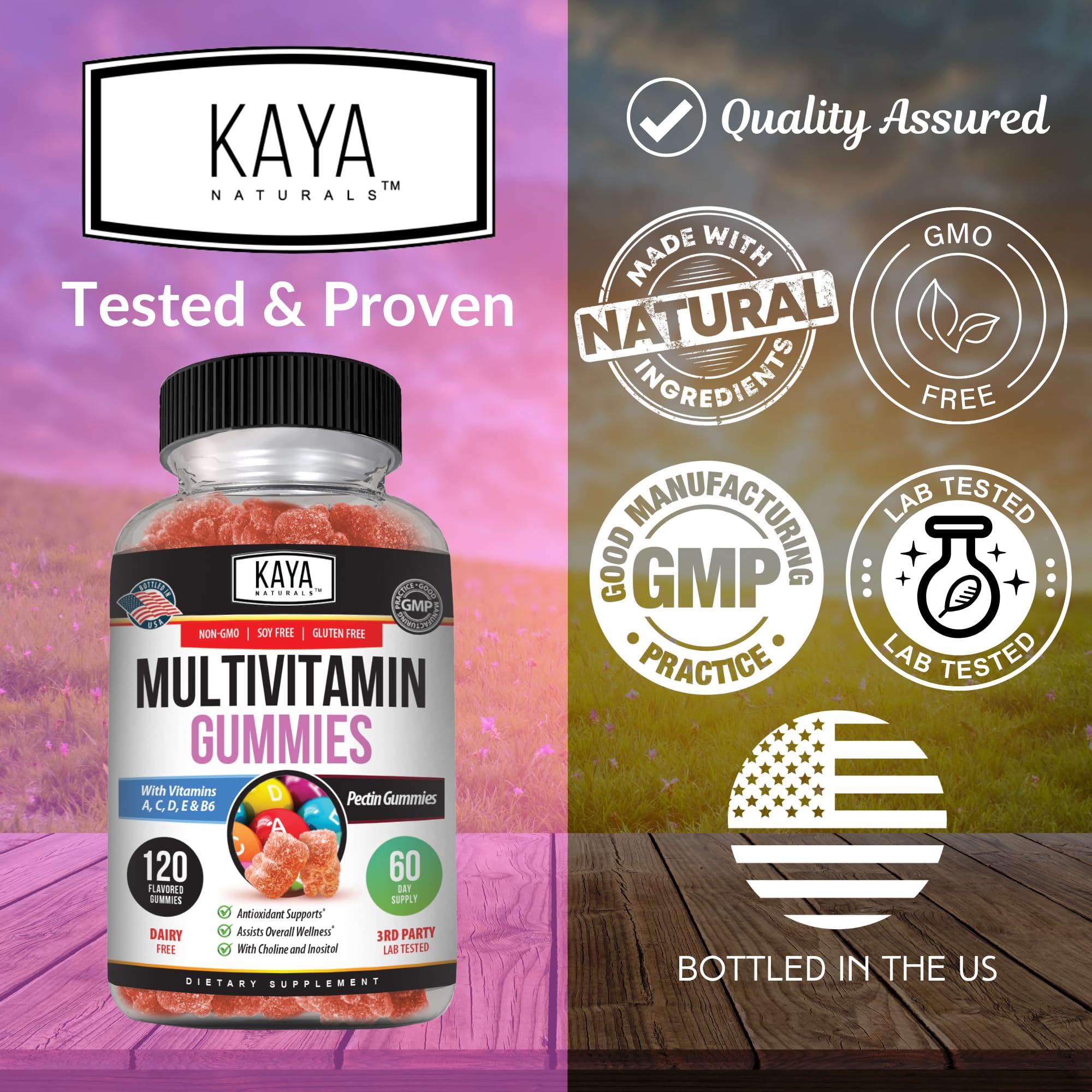 Kaya Naturals bottle label displays essential vitamins and minerals for everyday wellness.