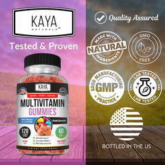 Kaya Naturals bottle label displays essential vitamins and minerals for everyday wellness.