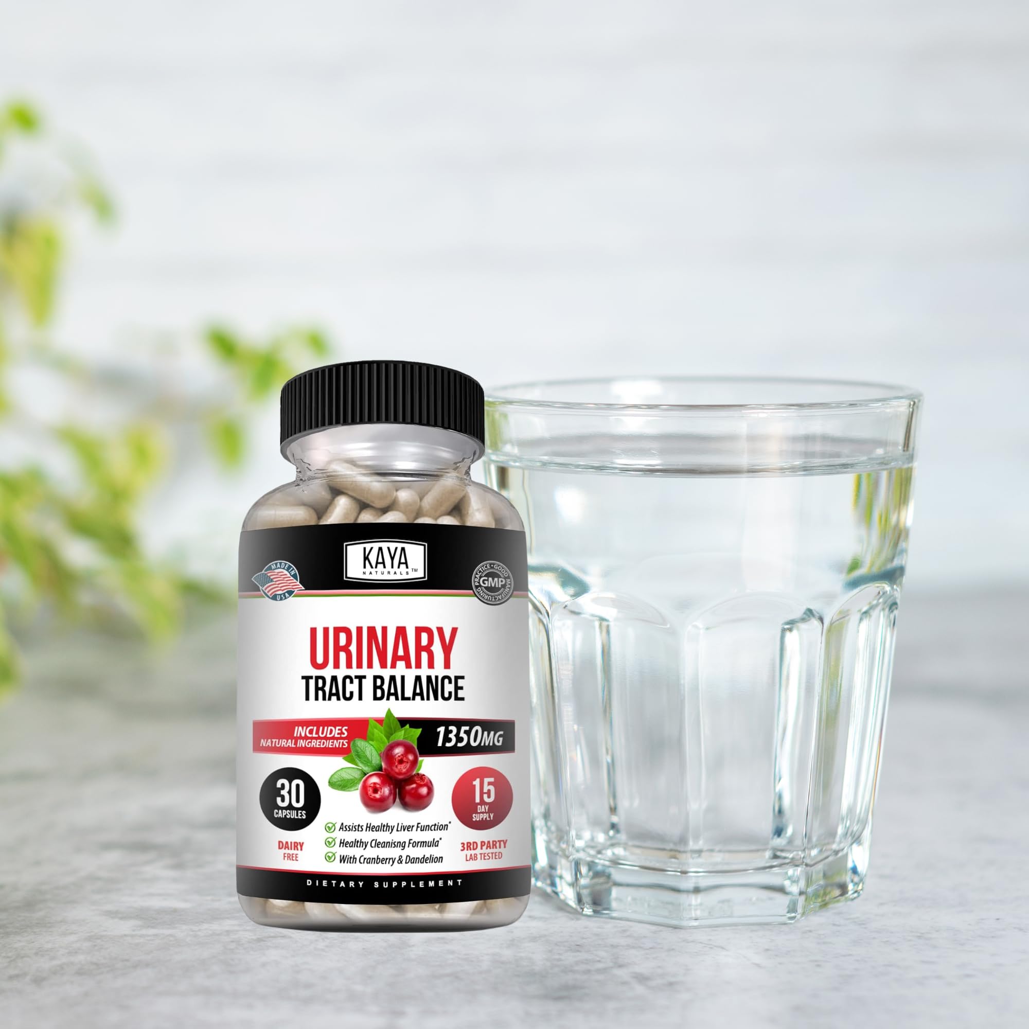 Kaya Naturals bottle with label showcases clean, gluten-free formula ingredients.