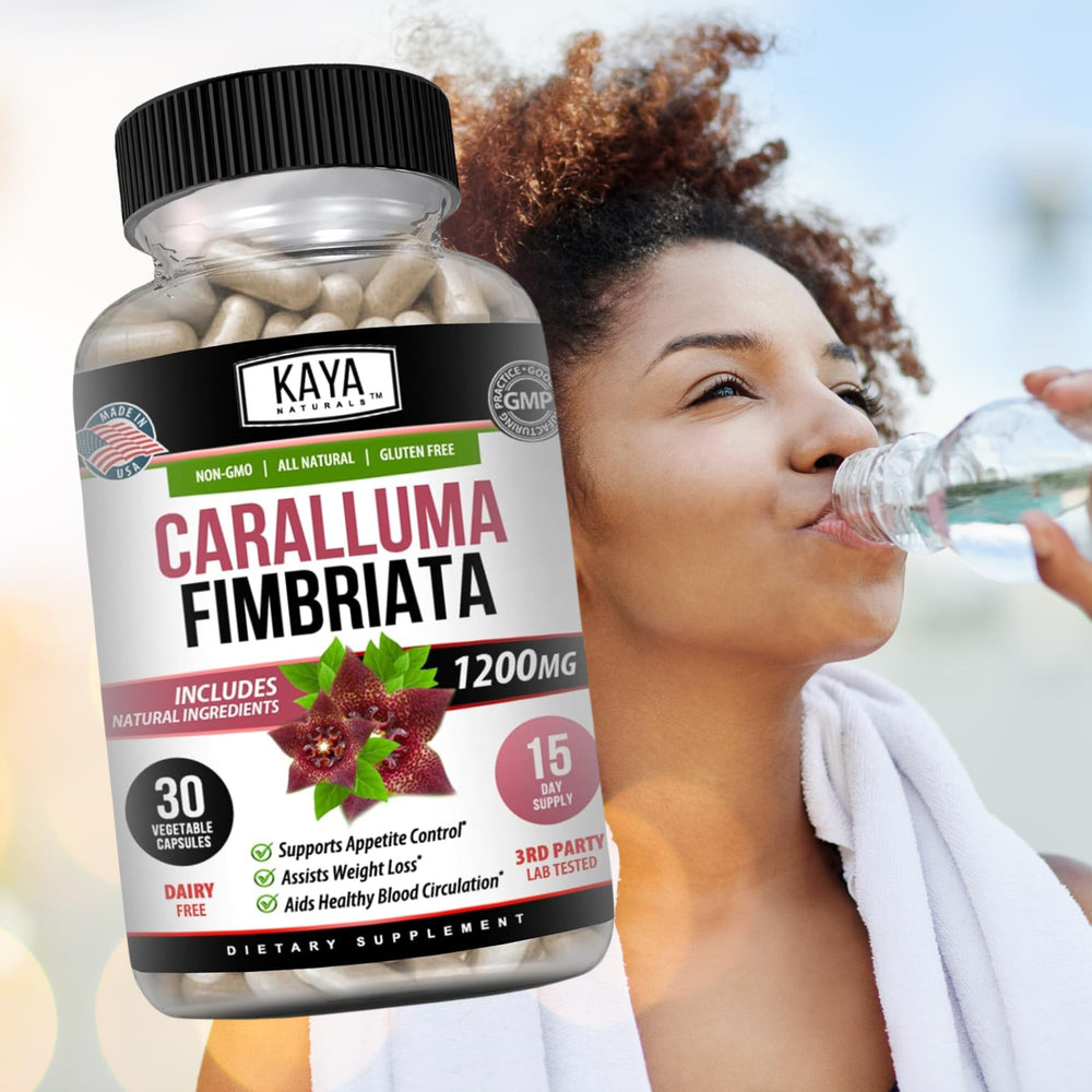 Capsules being poured from a Kaya Naturals bottle into a hand.