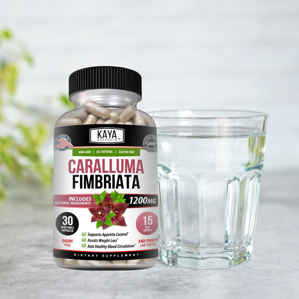 Two Kaya Naturals Caralluma Fimbriata bottles on a shelf.
