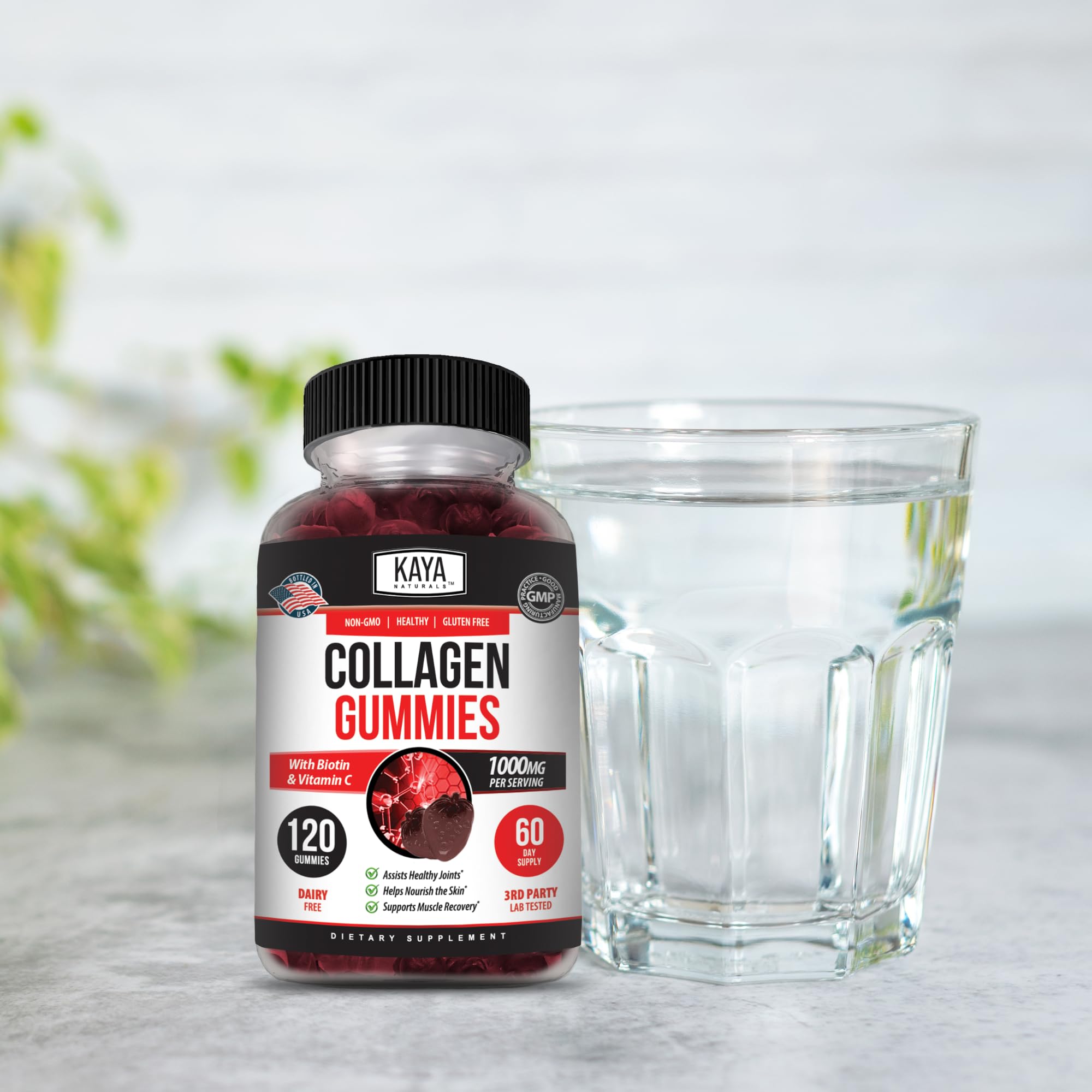 Kaya Naturals Collagen Gummy biotin selenium icons, adds essential nutrients for hair and nails.